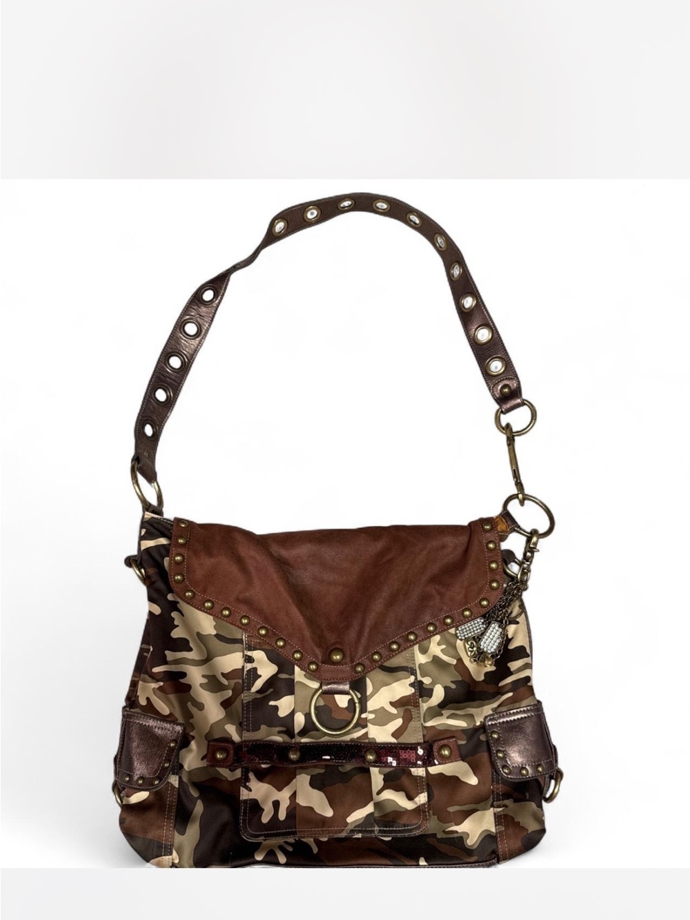 Kathy Van Zeeland Brown Camouflage Studded Shoulder Bag